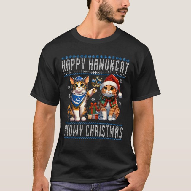 Cat Merry Christmas Happy Hanukkah Jewish Christia T-Shirt (Front)