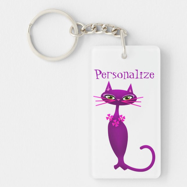 Cat mid century cute girly purple pink  key ring (Front)