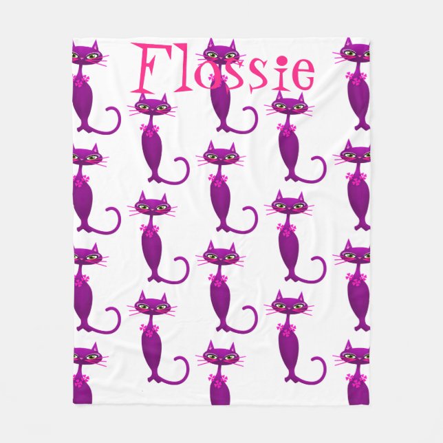 Cat mid century cute girly purple pink white fleece blanket (Front)