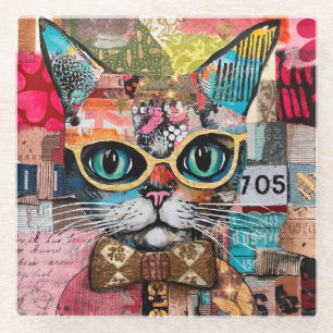 Cat Mixed Mixed Paper Collage  Glass Coaster