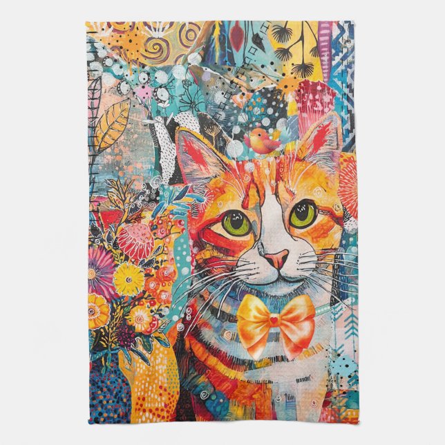 Cat Mixed Mixed Paper Collage Kitchen Towel (Vertical)