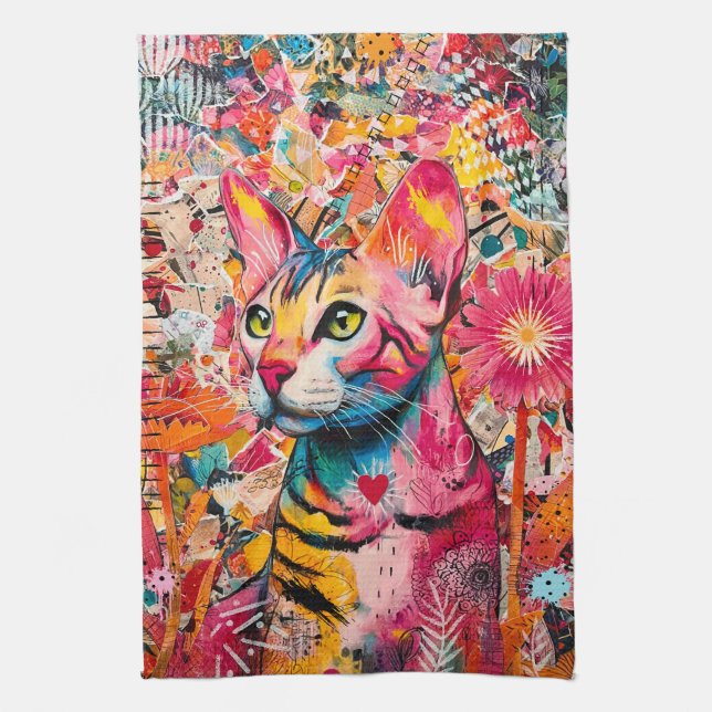 Cat Mixed Mixed Paper Collage  Tea Towel (Vertical)