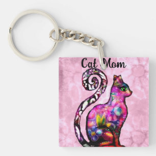 Cat Mom Abstract Whimsical Cat Kitty Art Key Ring