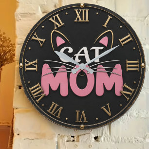 Cat Mom Cute Pink Cat Face Large Clock