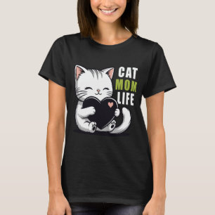 Cat Mom Life - Cute Kawaii White Cat Holding Heart T-Shirt
