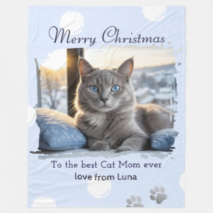Cat Mom Personalized Pet Photo Christmas Fleece Blanket