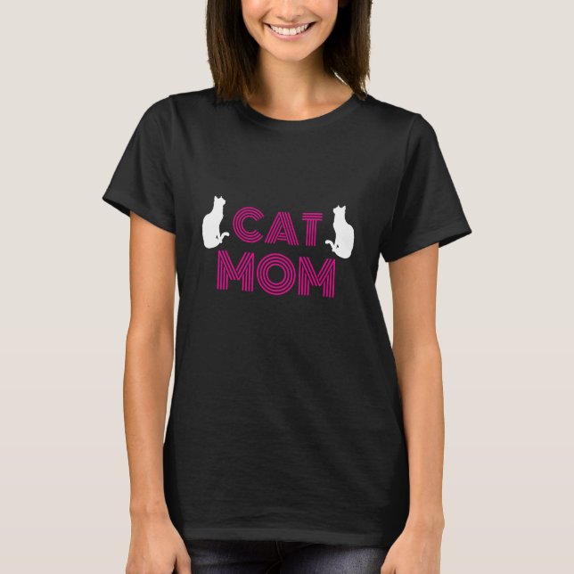 Cat Mom Womens Tshirts with White Cat Silhouette (Front)