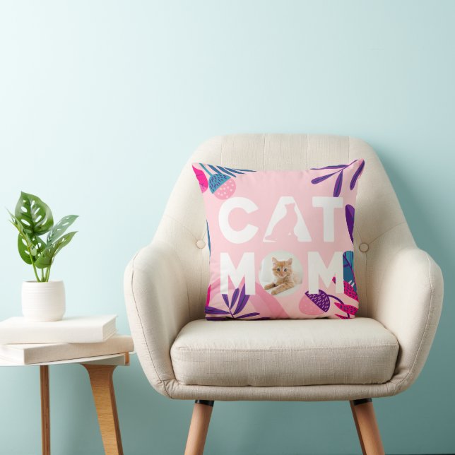 CAT MOM, Your Cat Photo, Pink Flowers & Leaves Cushion (Chair)