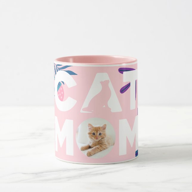 CAT MOM, Your Photo, Pink Flowers & Leaves Mug (Center)