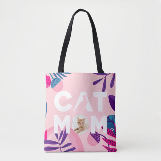 CAT MOM, Your Photo, Pink Flowers & Leaves Tote Bag (Front)