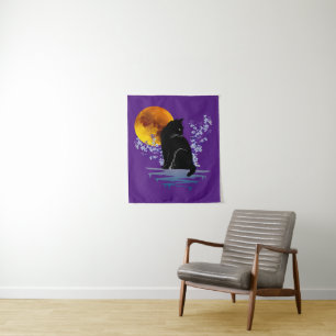 CAT MOON IN BLOSSOM FLOWER BLACK CATS LOVER TAPESTRY