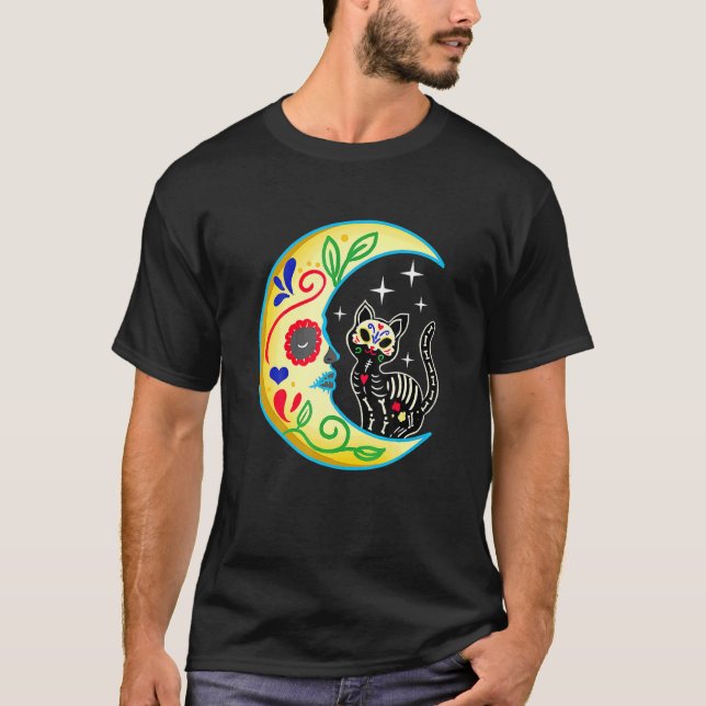 Cat Moon Sugar Skull Dia De Los Muertos Day Of He  T-Shirt (Front)