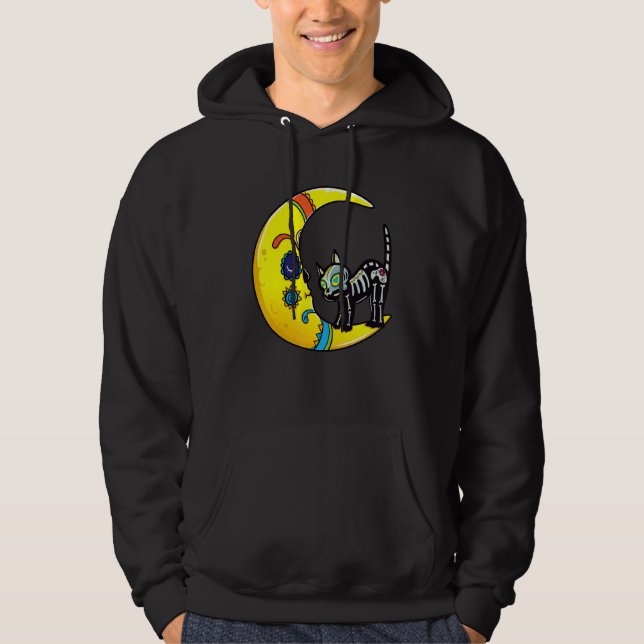 Cat & Moon Sugar Skull Dia de Los Muertos  Day Of  Hoodie (Front)