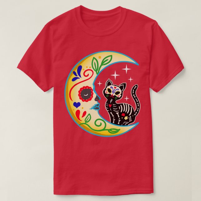 Cat & Moon Sugar Skull Dia de Los Muertos, Day of  T-Shirt (Design Front)