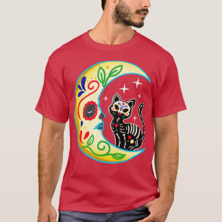 Cat & Moon Sugar Skull Dia de Los Muertos, Day of  T-Shirt