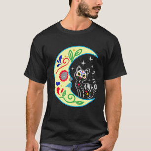 Cat Moon Sugar Skull Dia de Los Muertos Day of The T-Shirt