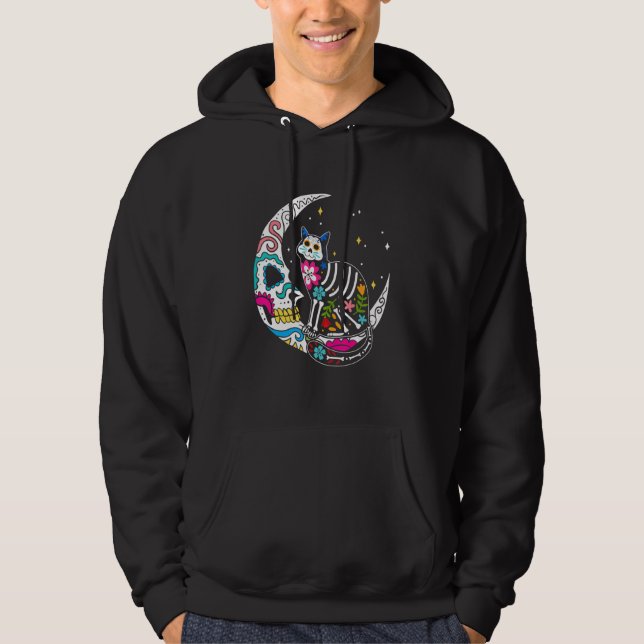 Cat Moon Sugar Skull Dia de Los Muertos Mexican Ho Hoodie (Front)