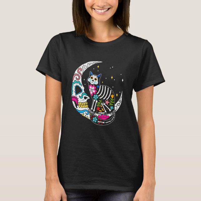 Cat Moon Sugar Skull Dia de Los Muertos Mexican Ho T-Shirt (Front)