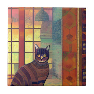 Cat moroccan mosaic abstract art brown city kitty  tile