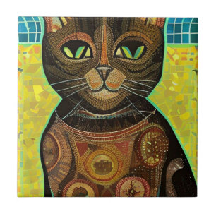 Cat moroccan mosaic abstract art brown kitty voice tile