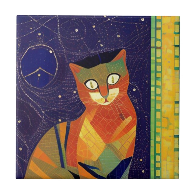 Cat moroccan mosaic abstract art colourful kitty  tile (Front)