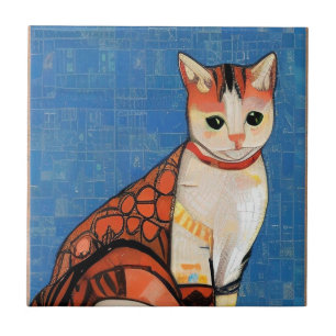 Cat moroccan mosaic abstract art ginger blue kitty tile