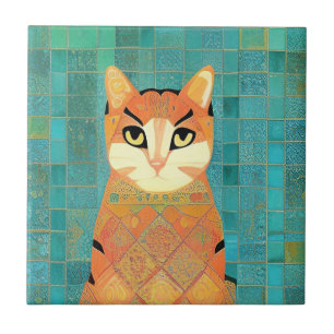 Cat moroccan mosaic ginger on turquoise background tile