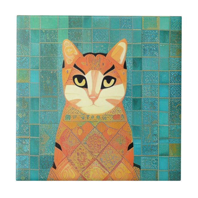 Cat moroccan mosaic ginger on turquoise background tile (Front)