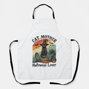 Cat Mother Halloween Lover Black Witch Hat Pumpkin Apron