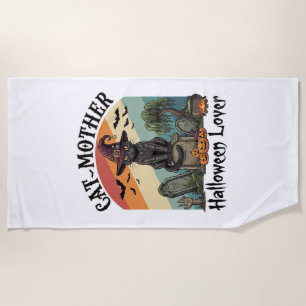 Cat Mother Halloween Lover Black Witch Hat Pumpkin Beach Towel