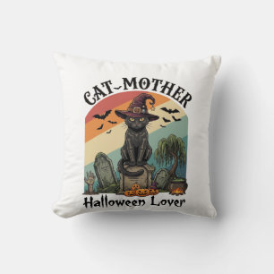 Cat Mother Halloween Lover Black Witch Hat Pumpkin Cushion