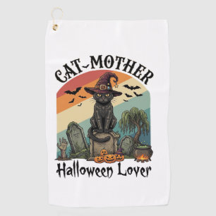 Cat Mother Halloween Lover Black Witch Hat Pumpkin Golf Towel