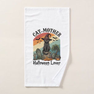 Cat Mother Halloween Lover Black Witch Hat Pumpkin Hand Towel