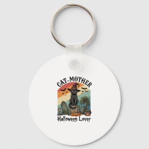 Cat Mother Halloween Lover Black Witch Hat Pumpkin Key Ring