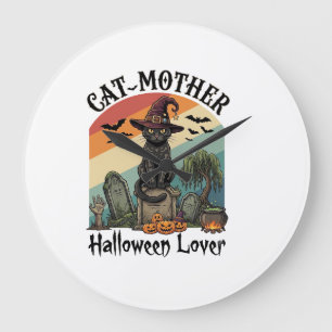 Cat Mother Halloween Lover Black Witch Hat Pumpkin Large Clock