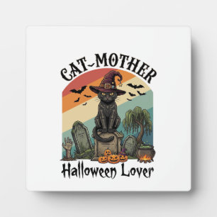 Cat Mother Halloween Lover Black Witch Hat Pumpkin Plaque