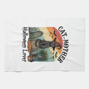Cat Mother Halloween Lover Black Witch Hat Pumpkin Tea Towel