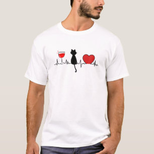 Cat Mother Wine Lover Heartbeat T-Shirt