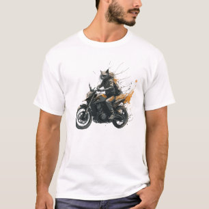 CAT Motorcycle Samurai Dark Fantasy Watercolor Art T-Shirt