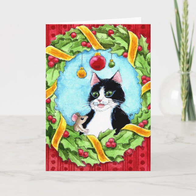 Cat, mouse, Christmas wreath greeting card (Front)