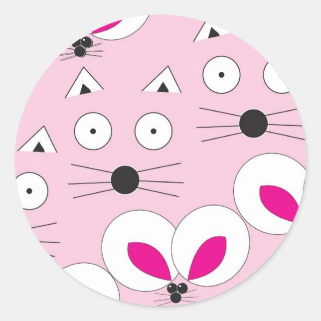 Cat Mouse Pattern Pink Classic Round Sticker (Front)