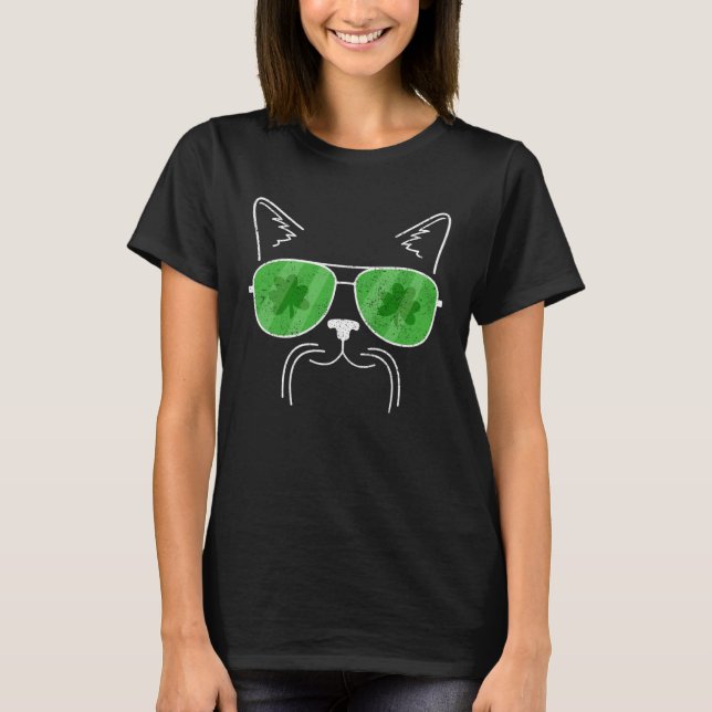 Cat Moustache & Sunglasses Distressed St Patrick s T-Shirt (Front)