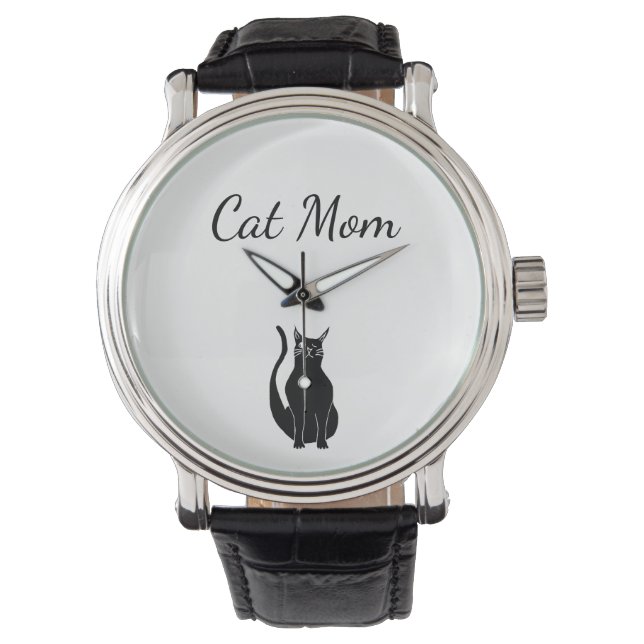 Cat Mum Cartoon Black Cute Winking Kitty Drawing Watch (Front)