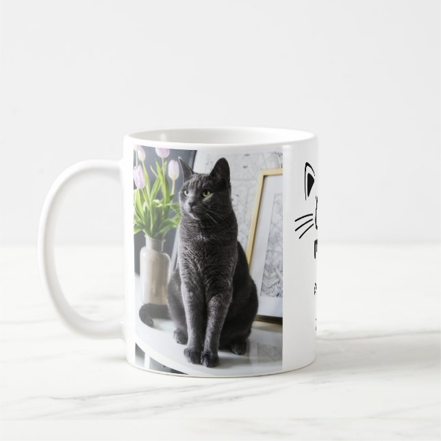 Cat mum cat face personalised 2 photos names  coffee mug (Left)