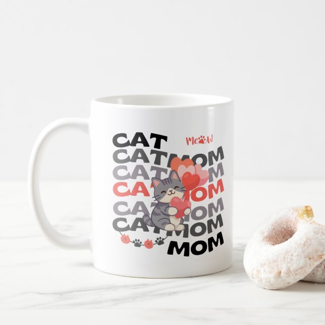 Cat Mum Gift Cute Puppy Hearts Custom Name Coffee Mug (With Donut)