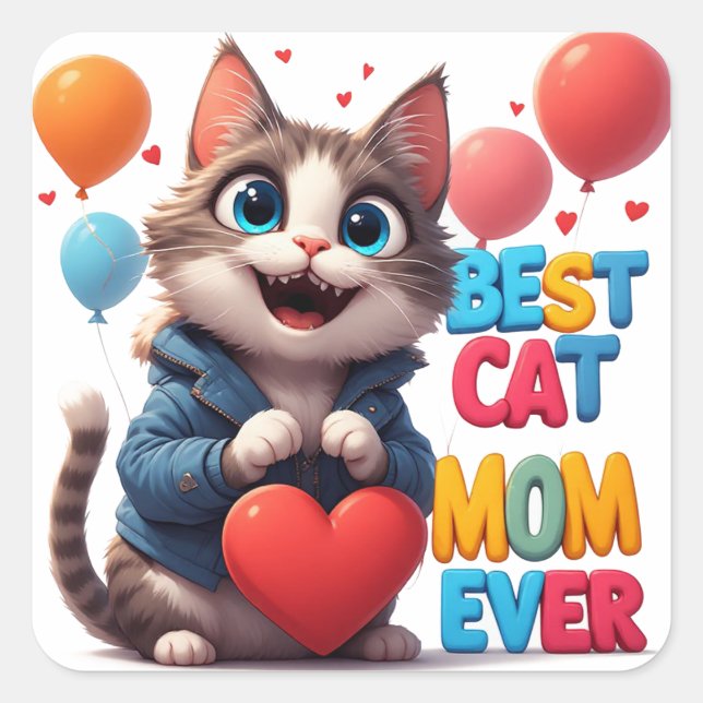 Cat Mum Kitty Love With Heart 🐾 Square Sticker (Front)