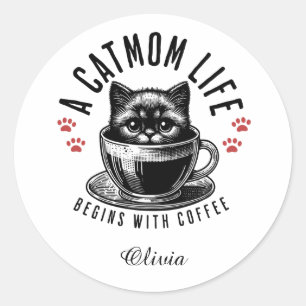 Cat Mum Life Begins with Coffee - personalised Classic Round Sticker