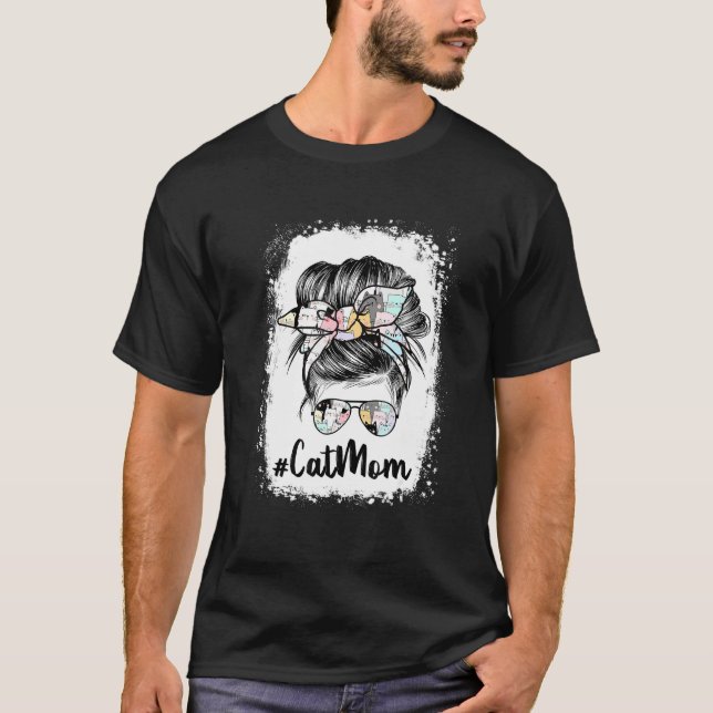Cat Mum Messy Bun Hair Paws Yello Bandanna Glasses T-Shirt (Front)