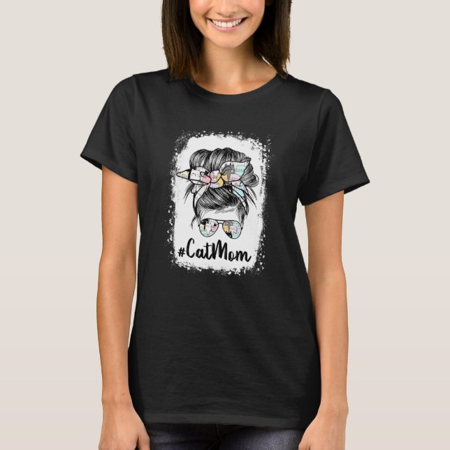 Cat Mum Messy Bun Paws Yello Bandanna Glasses Moth T-Shirt (Front)