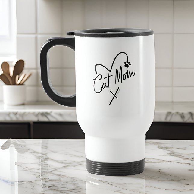 Cat Mum Modern Playful Heart and Fun Typography Travel Mug (Creator Uploaded)
